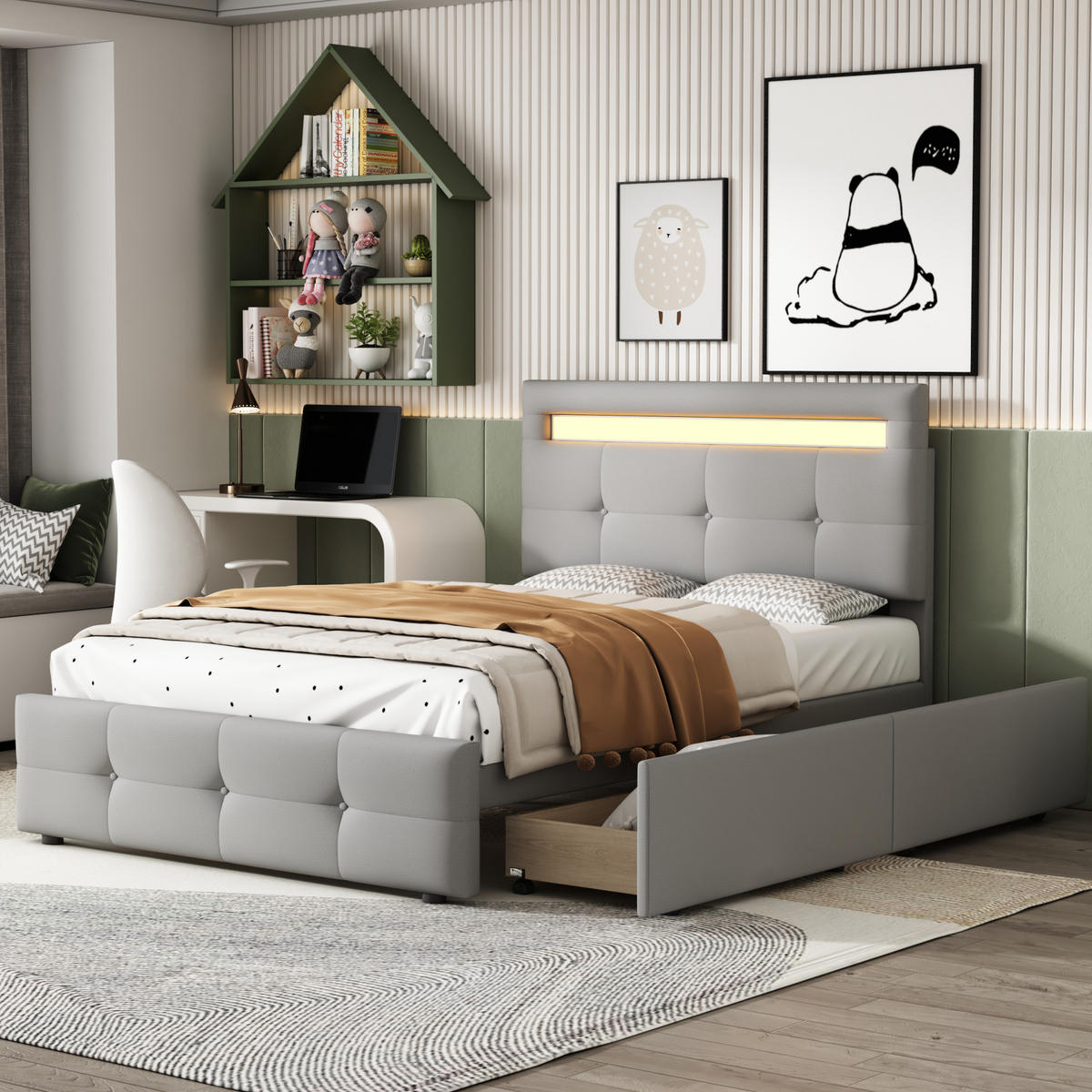 POLSTERBETT mit LED-Beleuchtung 90/200 cm mit 2 Schubladen und gepolstertem Kopfteil - Grau, Textil (90/200cm) - BEAOK