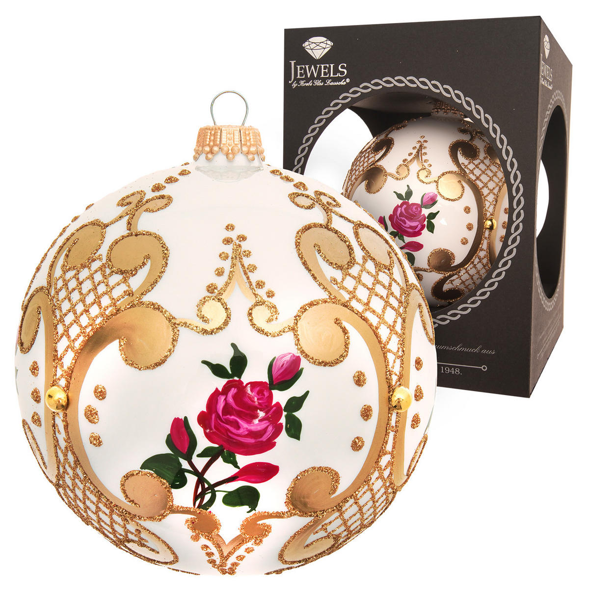 CHRISTBAUMKUGEL Rose Barock Weiß 10cm (Glas / 1 Stk.) - Weiß, Glas (10/10/10cm) - Krebs Glas Lauscha