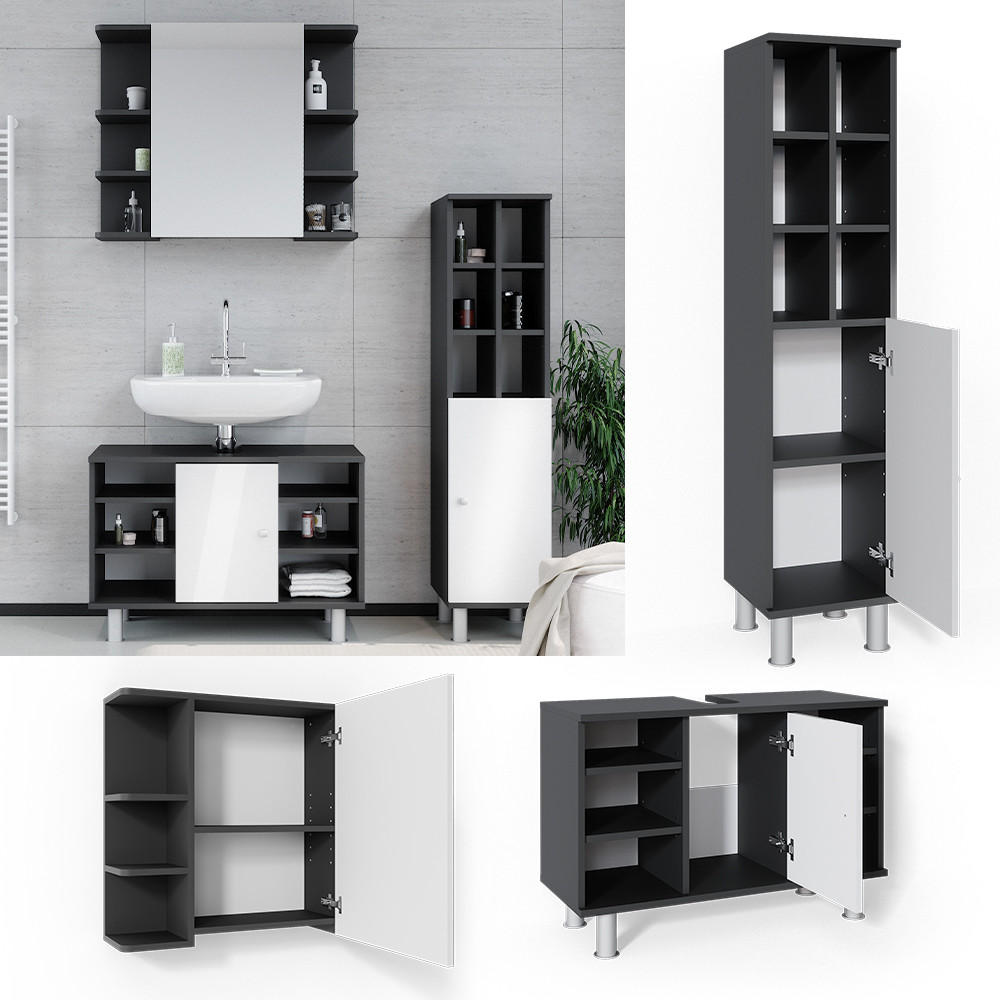 BADMÖBEL-SET Fynn Anthrazit 3 Teile, mit Midischrank Tür groß - Anthrazit/Weiß, Holzwerkstoff (60/54/32cm) - Vicco