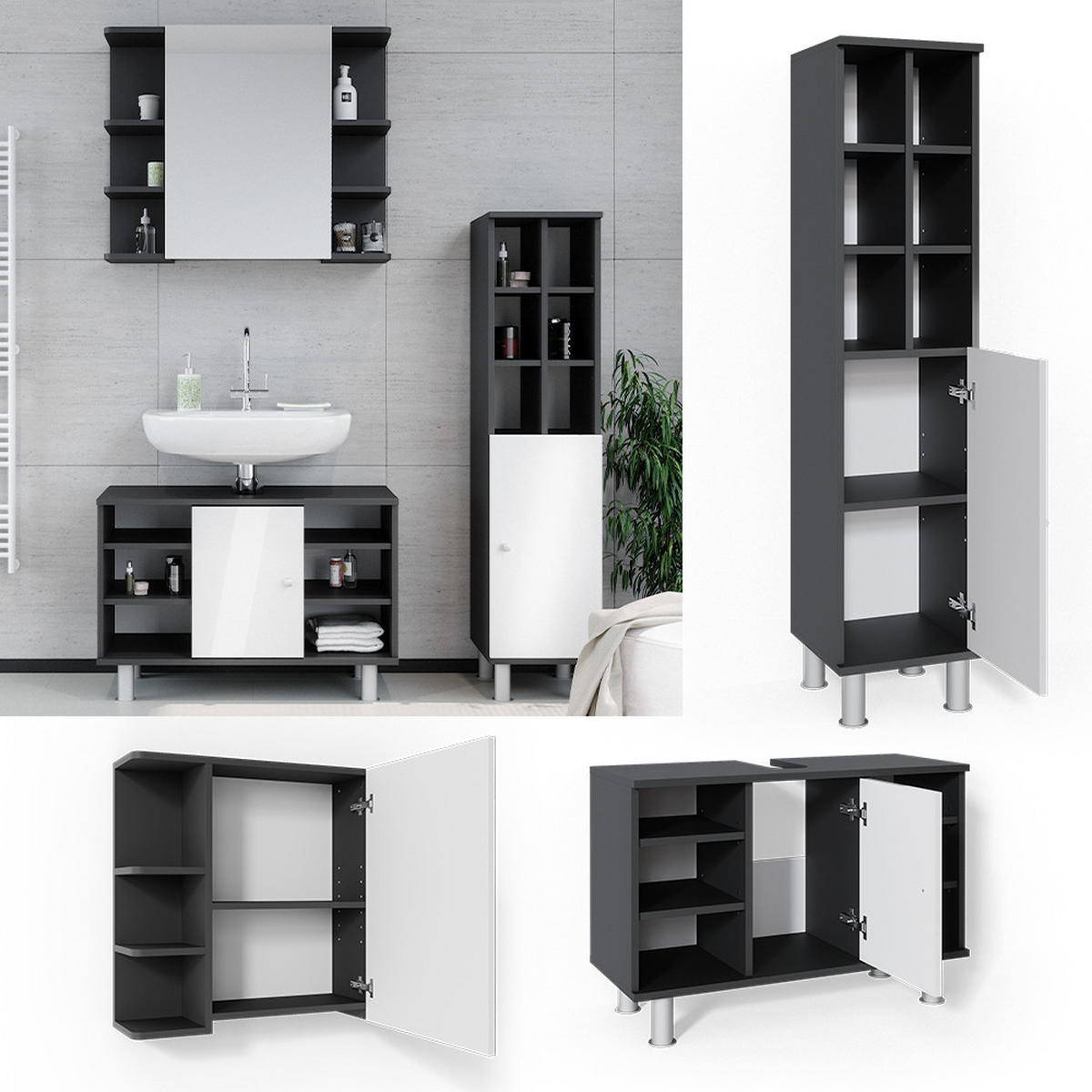 BADMÖBEL-SET Fynn Anthrazit 3 Teile, mit Midischrank Tür groß - Anthrazit/Weiß, Holzwerkstoff (60/54/32cm) - Vicco