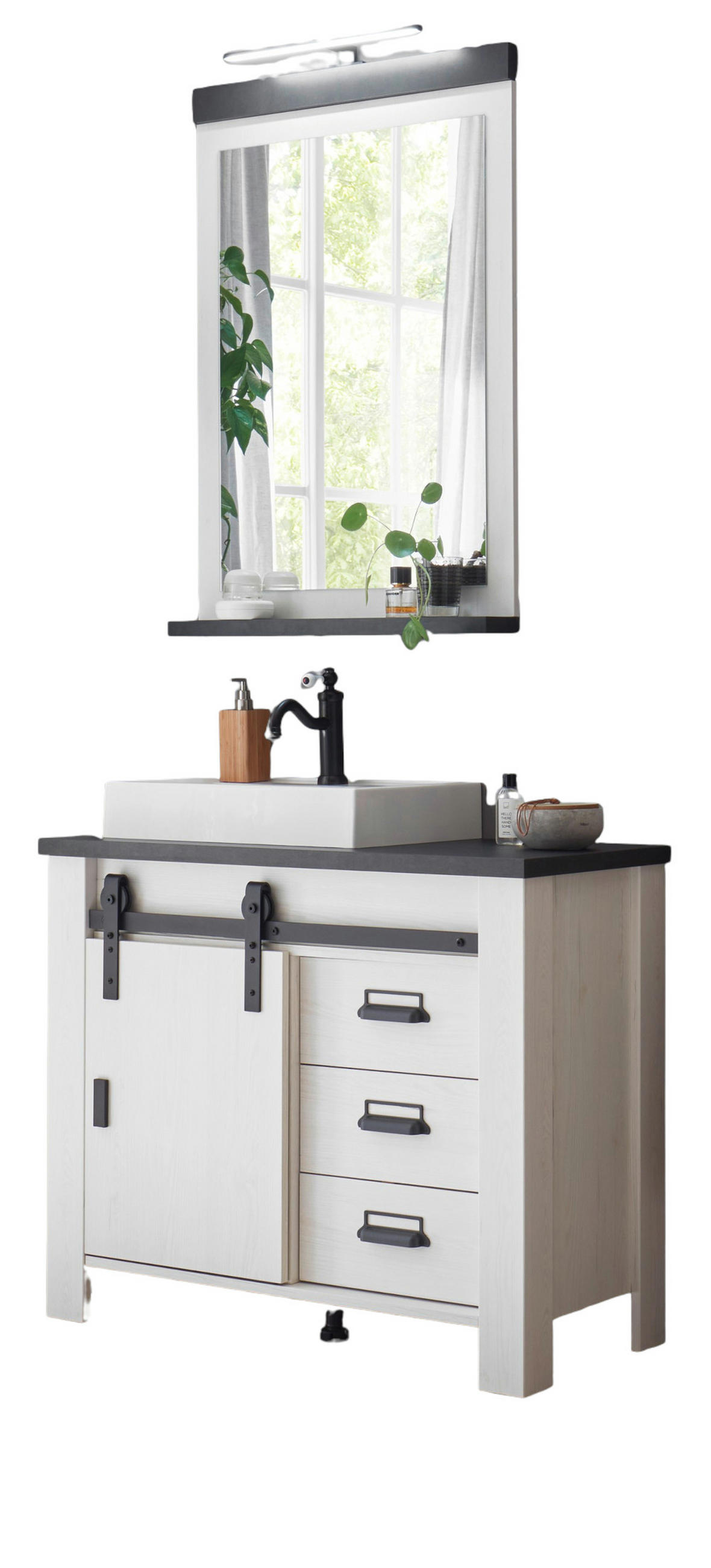 BADMÖBEL-SET 4-teilig weiß Pinie, anthrazit, Badkombination mit Waschbecken und LED - Anthrazit/Weiß, Holzwerkstoff/Metall (95/210/43cm) - Furn.Design