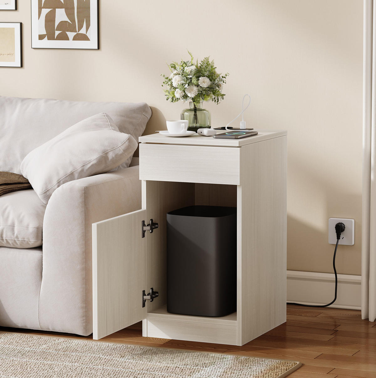 NACHTTISCH aus MDF 40x33x61,5 cm Weiß mit USB, USB-C, Steckdose, Schublade und Mülleimer - Weiß, Holzwerkstoff (33/61.5/40cm) - Modfu
