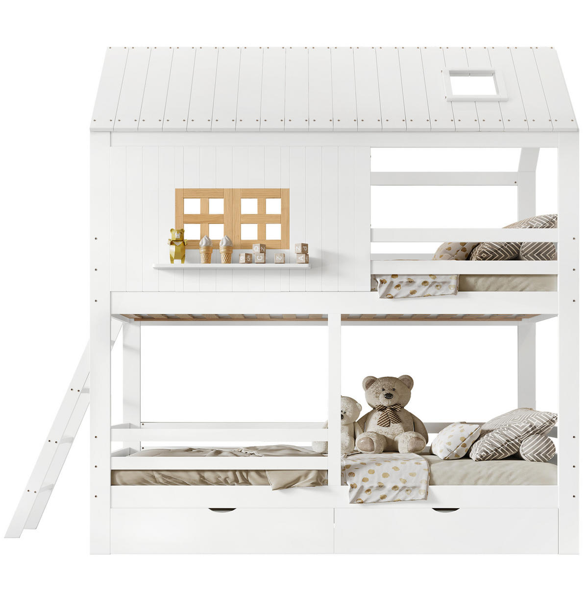 HAUSBETT 90/200 cm in Weiß/Natur mit Dach, Fenstern und 2 Schubladen - Weiß, Holz (90/200cm) - BEAOK