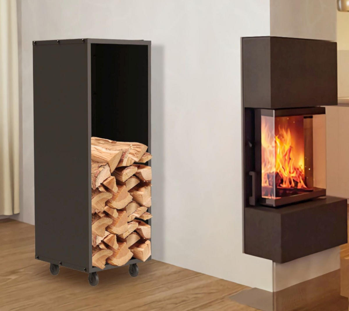KAMINHOLZREGAL mit Rollen Metall Schwarz 85 cm 96359 - Schwarz, Metall (29/85/37cm) - DanDiBo