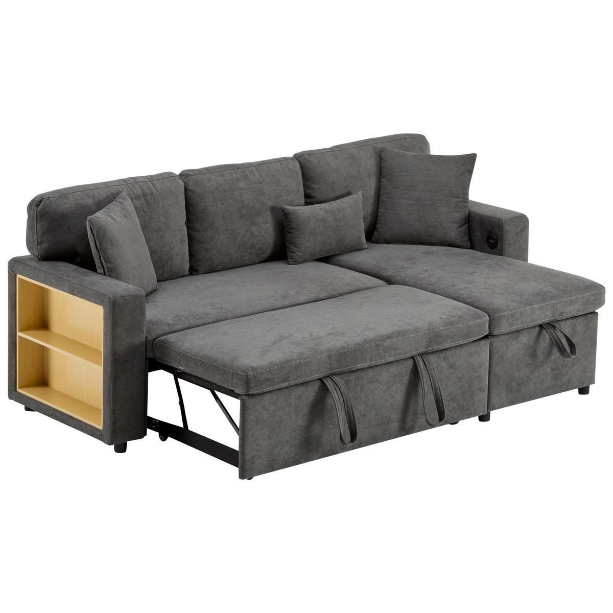 ECKSOFA mit Schlaffunktion und integriertem USB-Anschluss Dunkelgrau Oxford-Stoff 214/131/87 cm - Dunkelgrau, Textil (215/131cm) - OKWISH