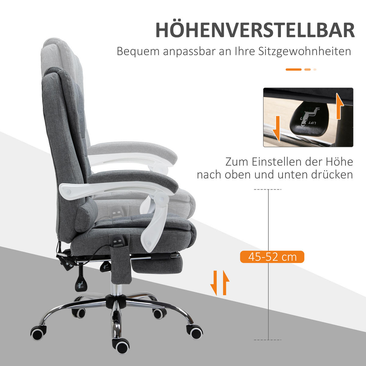BÜROSTUHL mit Massagefunktion, Ergonomischer Schreibtischstuhl mit Liegefunktion - Silberfarben/Grau, Kunststoff/Textil (70/119/65cm) - Vinsetto