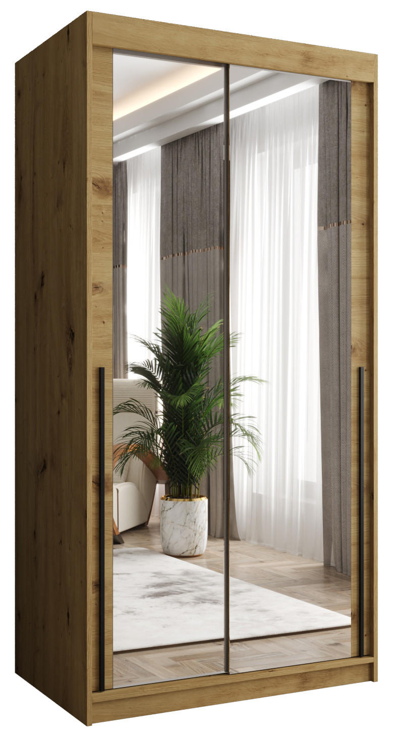 Home Collective ŠATNÍ SKŘÍŇ S POSUVNÝMI DVEŘMI se zrcadlem, šířka 100 cm, Artisan s černým madlem
