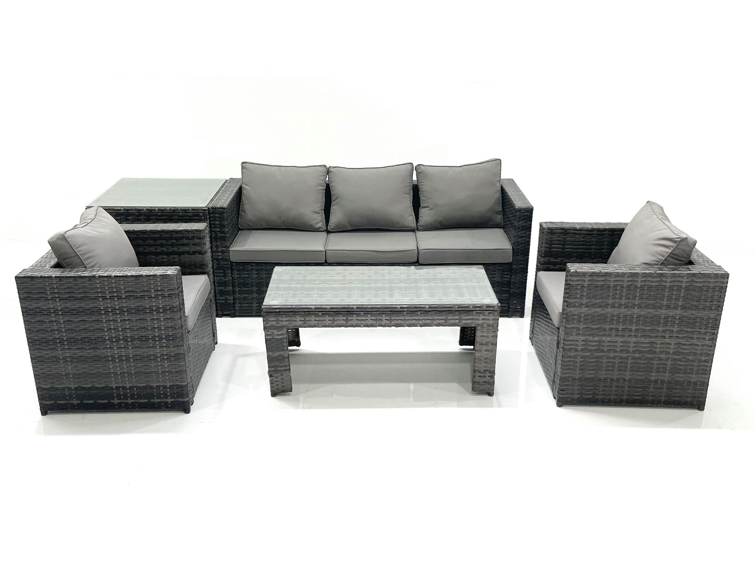 GARTENMÖBEL-SET COUCHTISCH SESSEL SOFA mit HOCKER Polyrattan Dunkelgrau Gemischt 5-Sitzer - Dunkelgrau/Grau, Glas/Kunststoff - Fimous