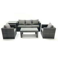 GARTENMÖBEL-SET COUCHTISCH SESSEL SOFA mit HOCKER Polyrattan Dunkelgrau Gemischt 5-Sitzer - Dunkelgrau/Grau, Glas/Kunststoff - Fimous