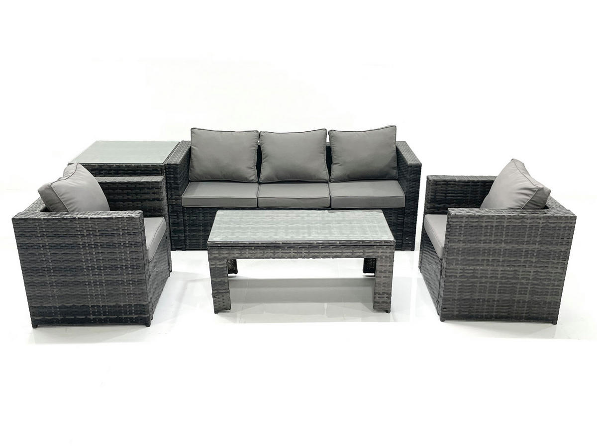 GARTENMÖBEL-SET COUCHTISCH SESSEL SOFA mit HOCKER Polyrattan Dunkelgrau Gemischt 5-Sitzer - Dunkelgrau/Grau, Glas/Kunststoff - Fimous