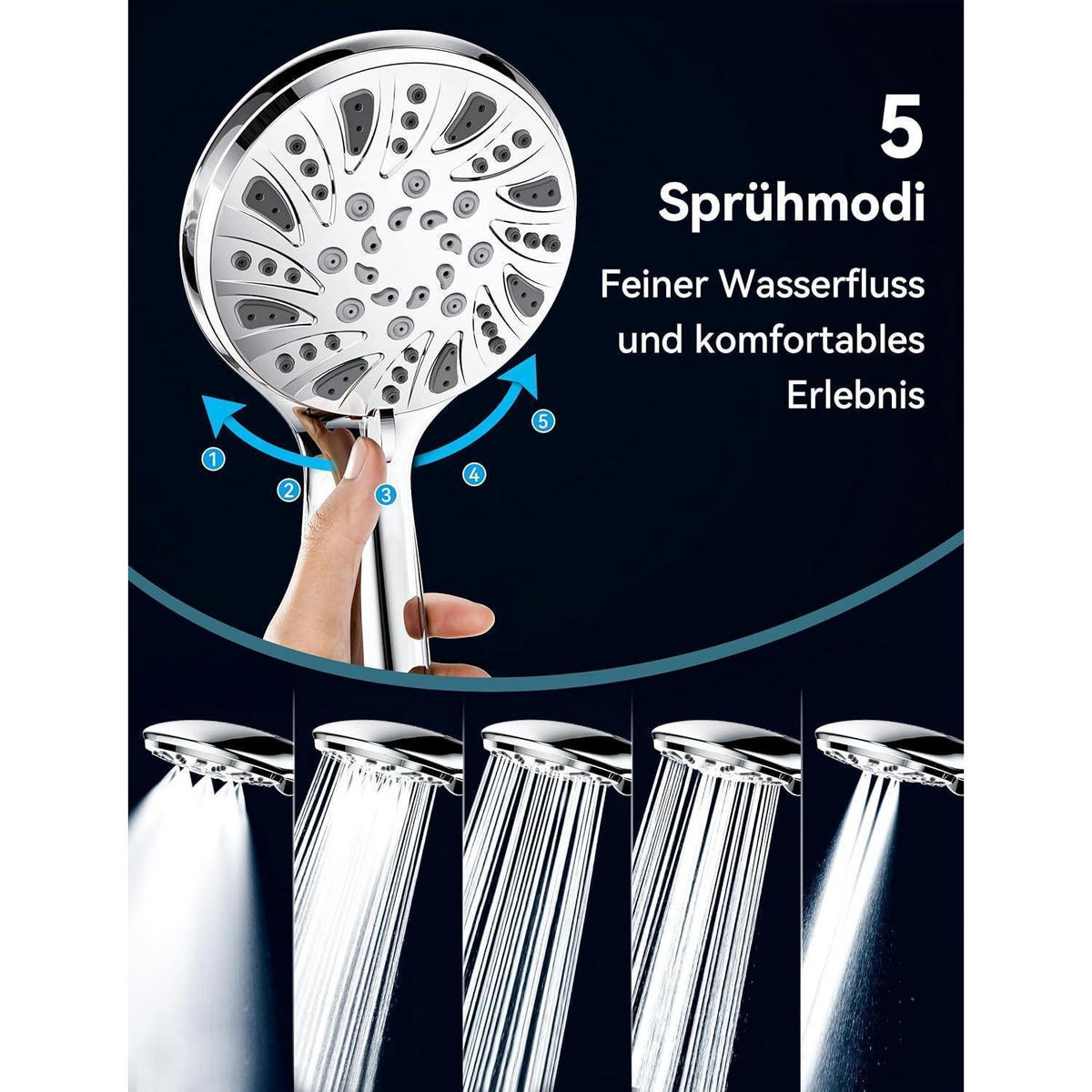 HANDBRAUSE Set mit Schlauch 59 Zoll 5 Strahlarten Hochdruck Wassersparend Chrom Silber - Silberfarben, Metall (10.5/12.7/24cm)
