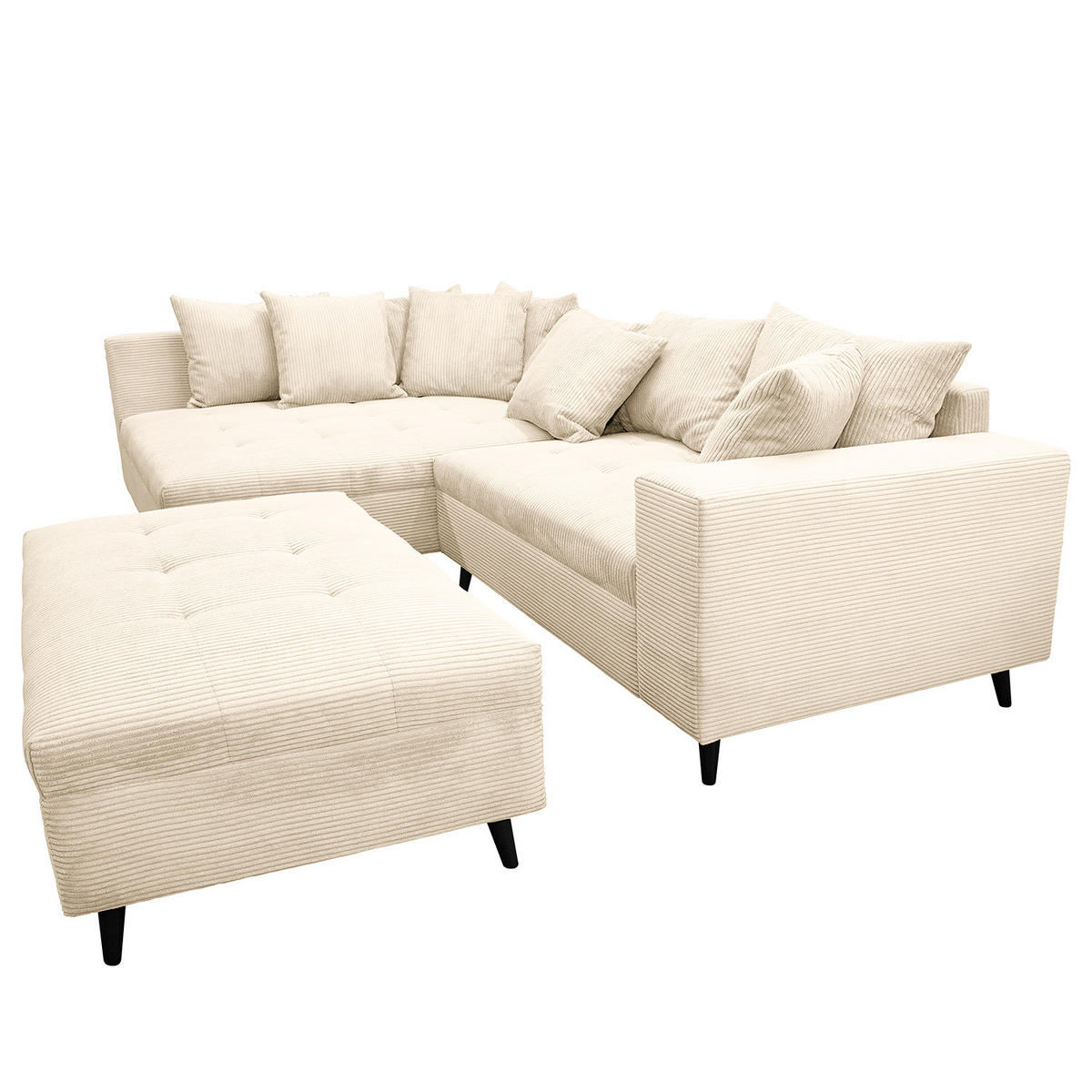 ECKSOFA mit Ottomane und Hocker - Creme/Schwarz, Birkenholz/Textil (247/174cm) - home24