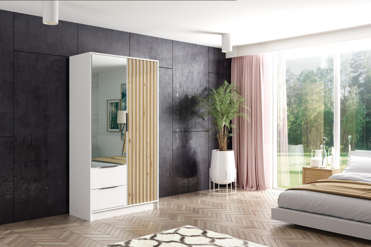 KLEIDERSCHRANK NERA - 120 cm - Weiß|Eiche Artisan - Weiß/Eiche Artisan, Holzwerkstoff (102/200/51cm) - ALTDECOR