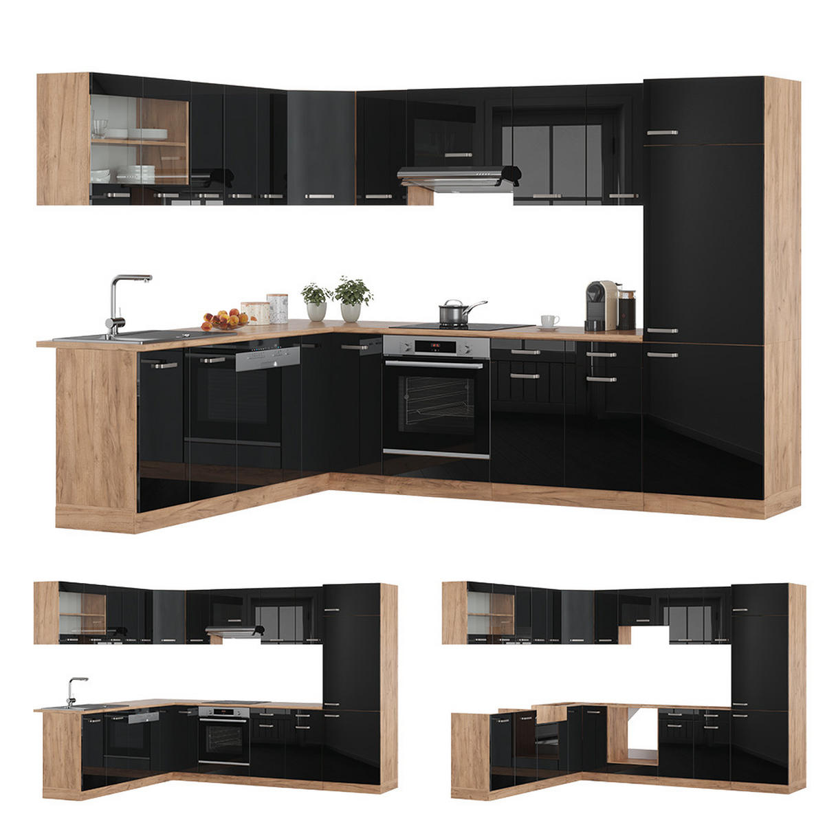 ECKKÜCHE R-Line Schwarz Hochglanz/Goldkraft Eiche 227 x 287 cm ohne AP - Honigeiche/Schwarz Hochglanz, Holzwerkstoff (287/81.6/46cm) - Vicco