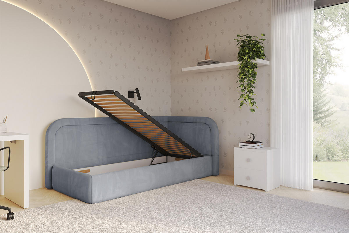 EINZELLBETT Jugendbett mit Bettkasten, Links - JOVY 80x200 Grau - Grau, Holzwerkstoff/Textil (80/200cm) - ALTDECOR