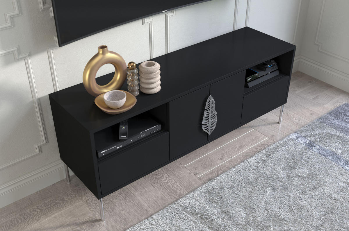 LOWBOARD Merlin, Schwarz, Silberne Details - Silberfarben/Schwarz, Holzwerkstoff/Metall (138/60/40cm) - Skandica