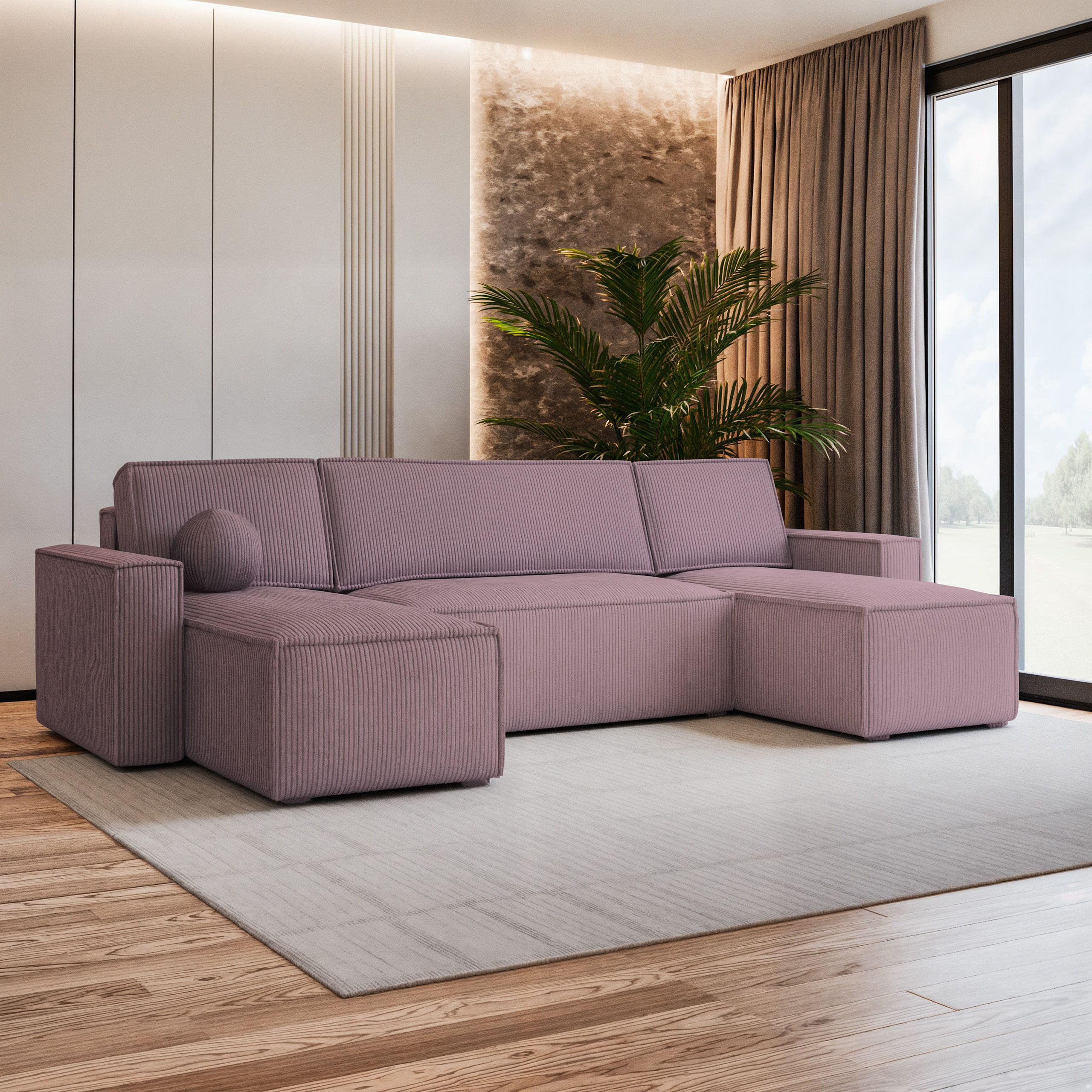 WOHNLANDSCHAFT PESANO P Lila Kordstoff mit Schlaffunktion - Lila, Holz (306/85/140cm) - MASSENO