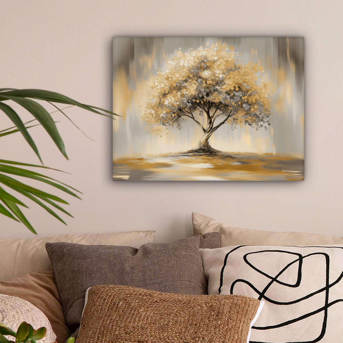 LEINWANDBILD Gemälde - Baum - Abstrakt - Blätter Wandbild 40x30 cm - Beige, Textil (40/30cm) - MuchoWow