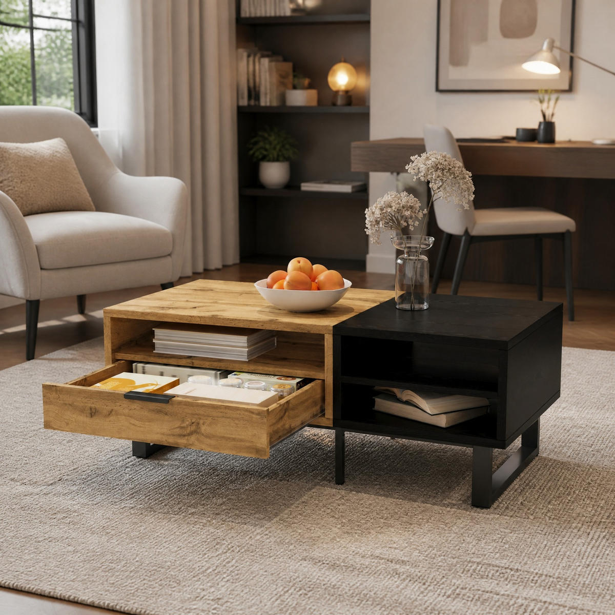 COUCHTISCH 100/50/40 cm Natur/Schwarz aus Spanplatte mit Fächern und Schublade - Naturfarben, Holzwerkstoff (100/50/40cm) - OKMYHOME