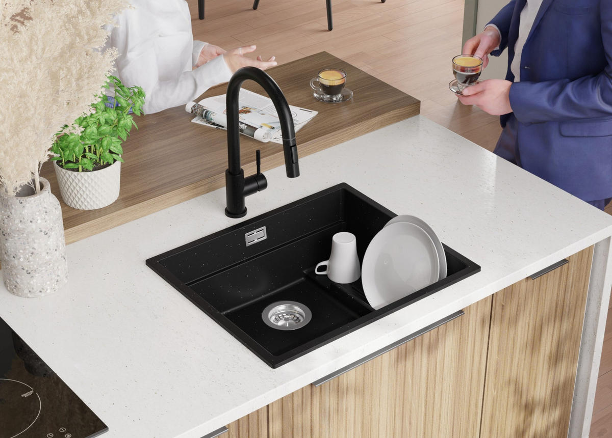 SPÜLBECKEN Praga Slim, 2-er set Schwarz Metallic 56/47 cm 1 Becken + Ablauf-Set + Aufrollbare Abtropffläche ab 60er Unterschrank - Chromfarben/Schwarz Hochglanz, Kunststoff (56/20/47cm) - Primagran