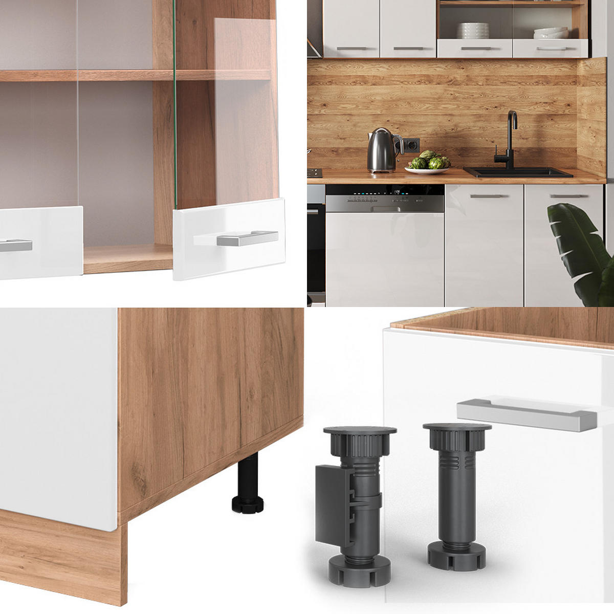 KÜCHE R-Line Weiß Hochglanz/Goldkraft Eiche 300 cm, AP Marmor - Weiß Hochglanz/Eiche Wotan, Holzwerkstoff (300/81.6/60cm) - Vicco