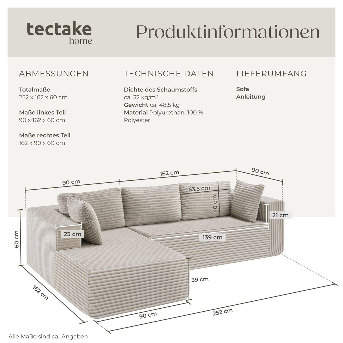 SOFA Relax, keine Montage, 250 cm Breite, Samtcord beige - Beige, Kunststoff/Textil (250/162cm) - tectake