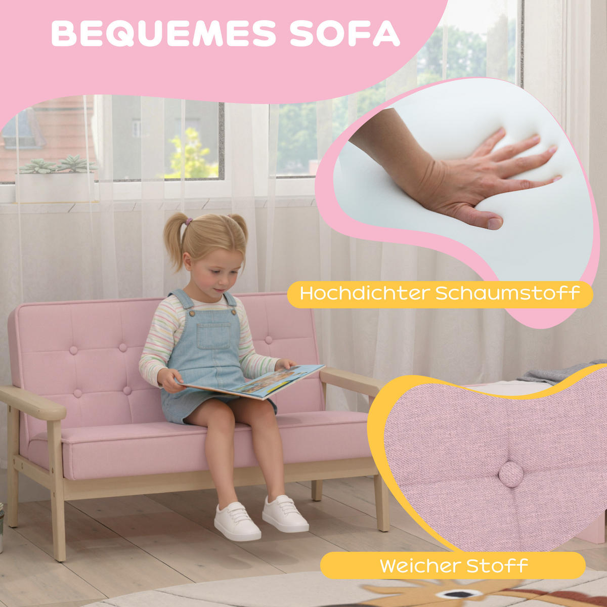 KINDERSESSEL Kindersofa gepolsterter Kinderstuhl mit Holzrahmen Samtoptik - Rosa/Naturfarben, Holz/Textil (42/48/77cm) - AIYAPLAY