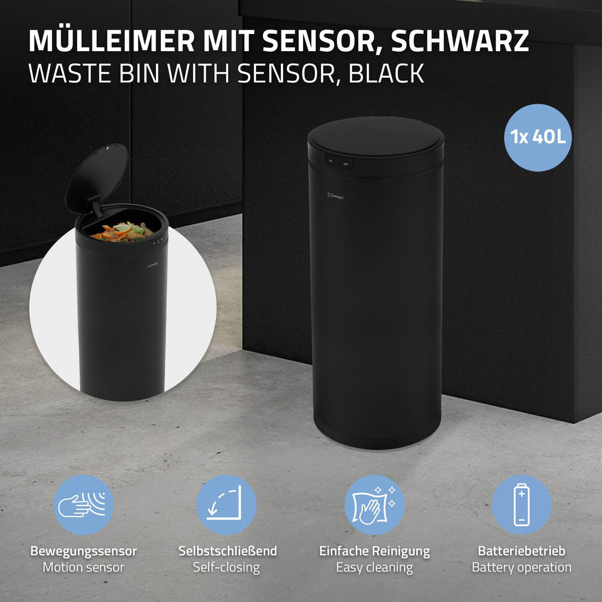MÜLLEIMER mit Sensor 40L rund aus Stahl Schwarz - Schwarz, Metall (29/68/29cm) - ML-DESIGN