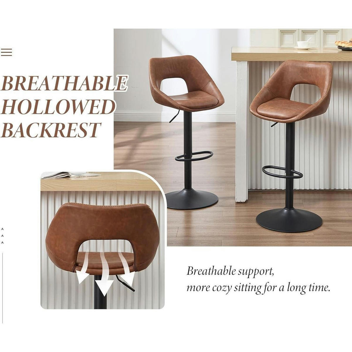 BARHOCKER 4er Set höhenverstellbar drehbar mit Rückenlehne und schwarzer Fußstütze, braun - Braun, Kunststoff (51/106.5/51cm)
