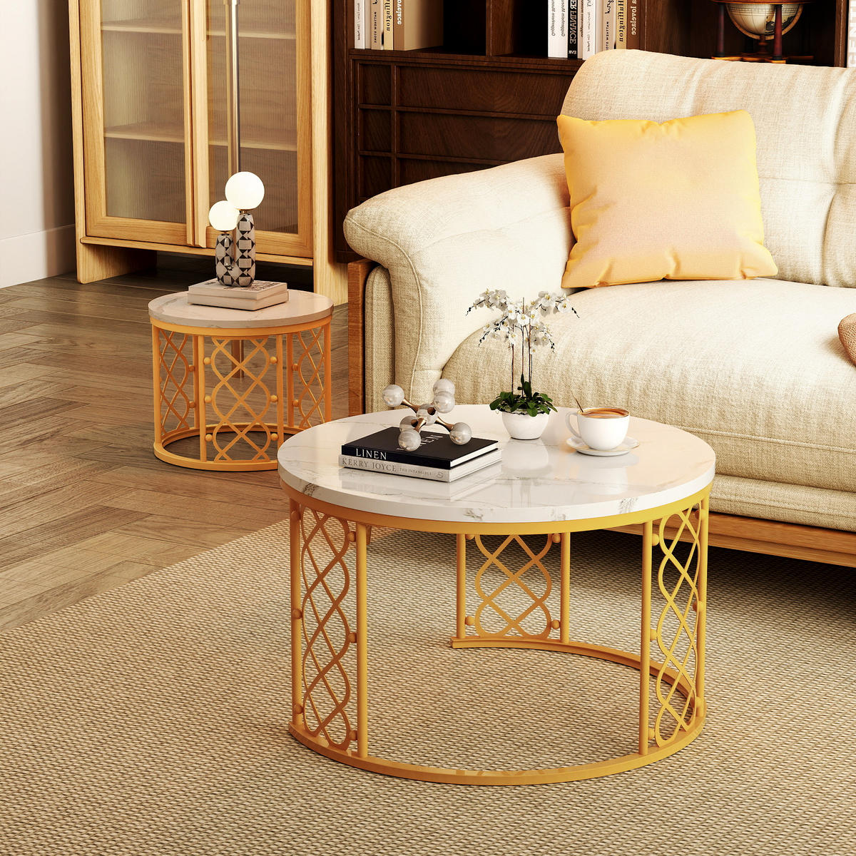 COUCHTISCH Zweiteiliges Beistelltisch-Set für Schlafzimmer oder Balkon, stapelbarer Wohnzimmertisch, weiß und Gold - Goldfarben, Holzwerkstoff/Metall (70/70/45cm) - EVRYAE