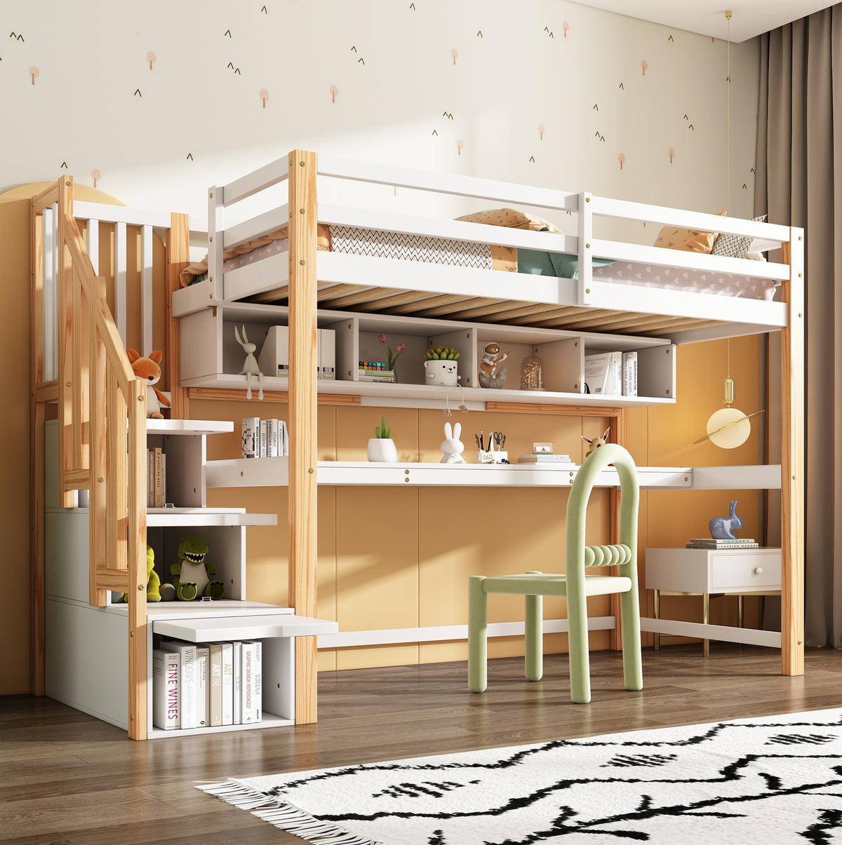 HOCHBETT 90/200 cm weiß/eiche aus Massivholz und MDF mit Schreibtisch und Treppe - Weiß, Holzwerkstoff (90/200cm) - OKWISH