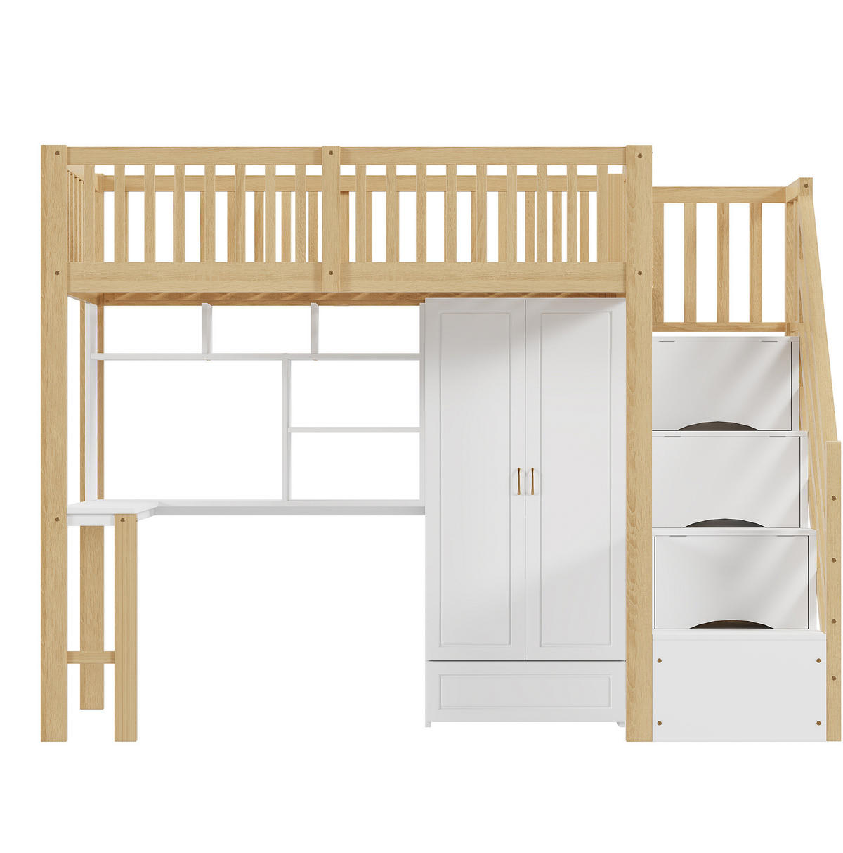 HOCHBETT aus Kiefernholz 90x200 cm Weiß/Holzfarbe mit Stauraumtreppe, Schrank und Tisch - Naturfarben, Holzwerkstoff (90/200cm) - IVMEU