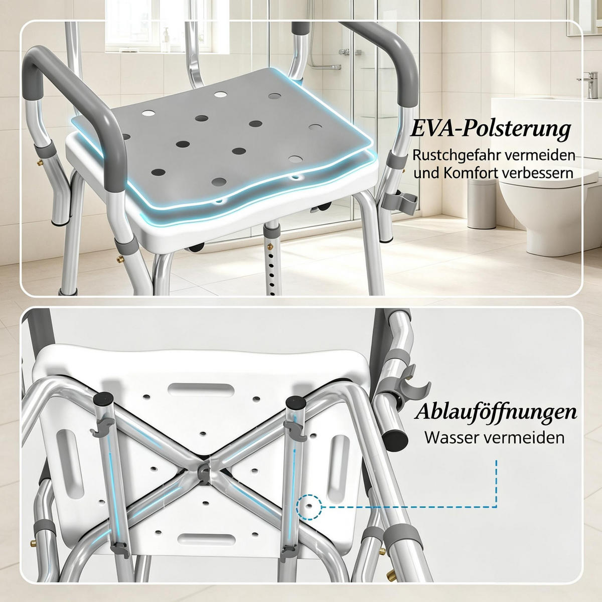 DUSCHSTUHL höhenverstellbar mit Rutschschutz, DE-42180, Weiß/Hellgrau - Grau, Kunststoff/Metall (53.5/74/56.5cm) - ComfortXL