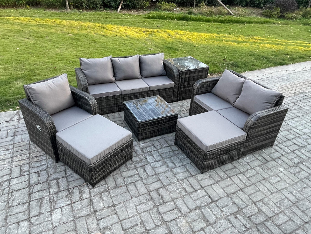 GARTENTISCHGRUPPE Polyrattan Dunkelgrau 7-teilige - Dunkelgrau/Grau, Glas/Kunststoff - Fimous