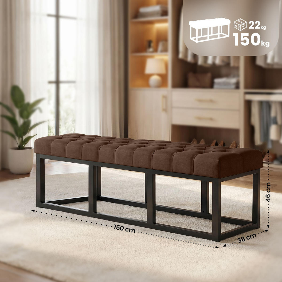SITZBANK 150/38 cm Stoff Braun - Schwarz/Braun, Textil/Metall (150/46/38cm) - CLP