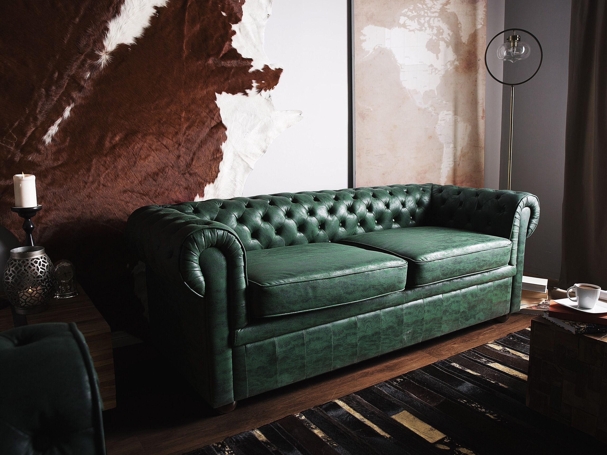 3-SITZER-SOFA Kunstleder Grün Chesterfield - Grün, Textil (195/70/76cm) - Beliani