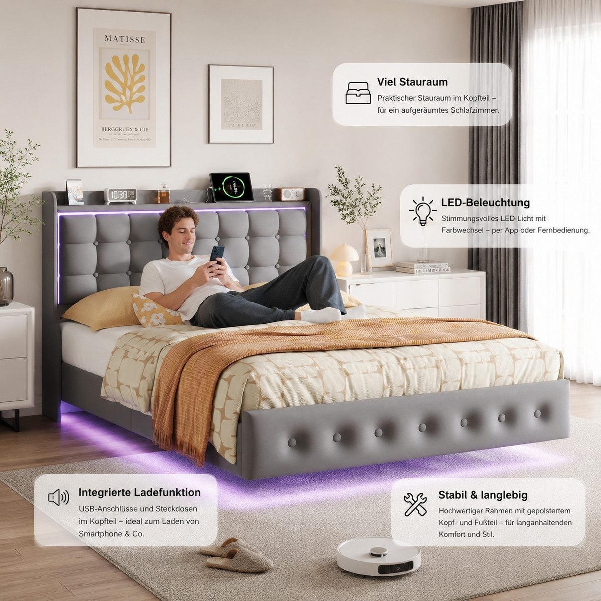 POLSTERBETT 160/200 cm dunkelgrau mit LED und USB - Dunkelgrau, Holz - SHOPENTRA