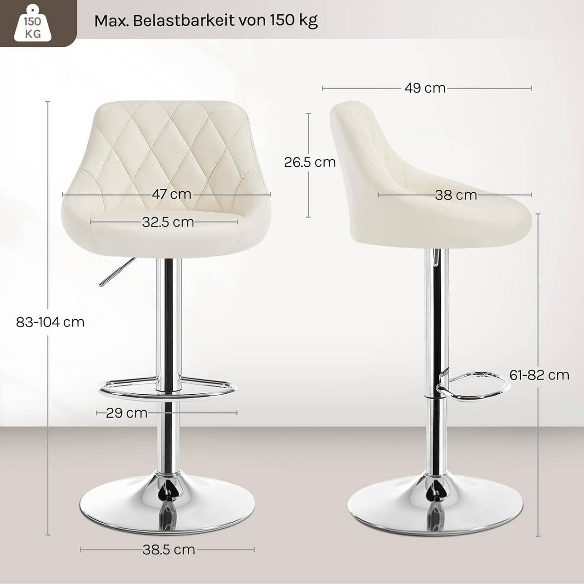 BARHOCKER 2er Set, Kunstleder,Höhenverstellbar, 360° Drehbar - Creme, Metall (47/104/39cm) - Woltu