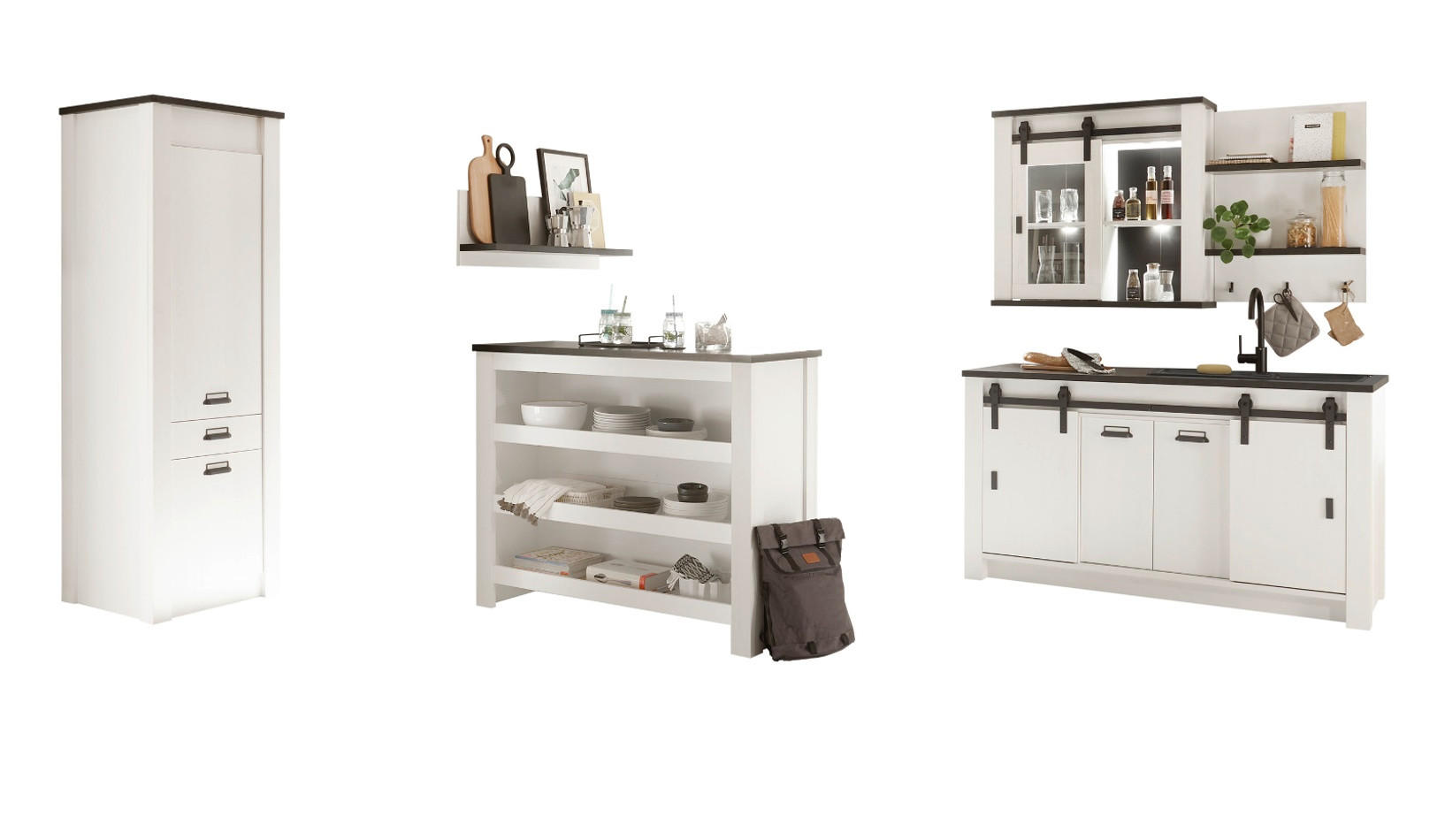KÜCHEN-SET weiß Pinie, anthrazit Landhaus 6-teilig, Küchenschrank Set mit Theke - Anthrazit/Schwarz, Glas/Holzwerkstoff (161/201/64cm) - Furn.Design