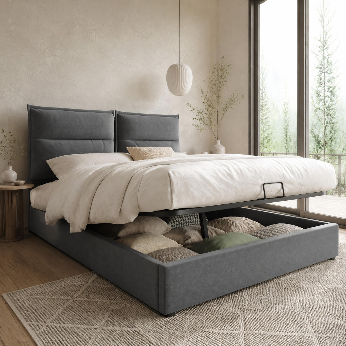 POLSTERBETT 140/200 mit Bettkasten, verstellbarem Kopfteil und Lattenrost in Grau - Grau, Holzwerkstoff/Textil (140/200cm) - EVRYAE