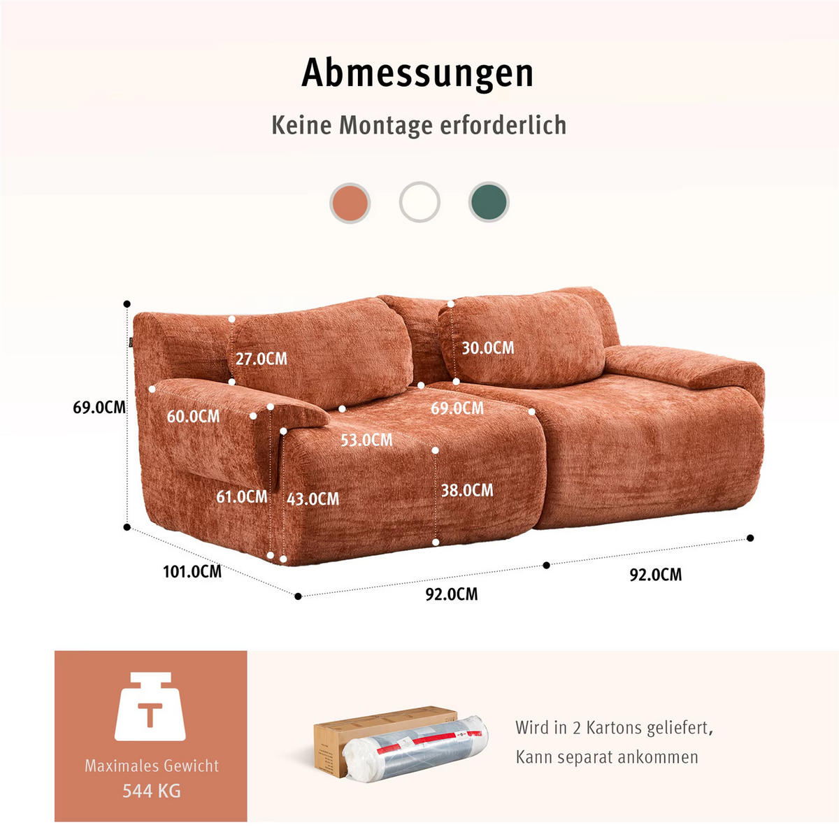 2-SITZER-SOFA Chenille Cloud Design, 184 cm Komfort Sofa ohne Montage - Orange, Textil (184/69/101cm) - Kaket