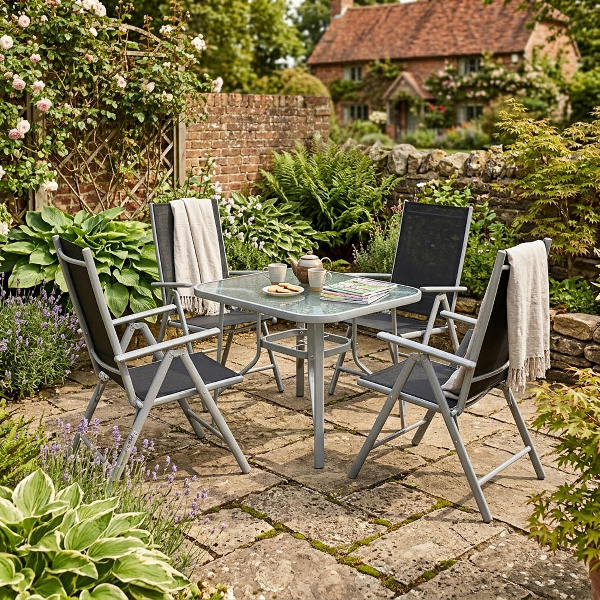 GARTEN-GARNITUR Chelmsford 5-teilig (4x Klappsessel mit Armlehnen, 1x Tisch 120x70cm) - Garten-Essgruppe mit Gestell aus Aluminium / Stahl - Grau, Metall - TPFGarden