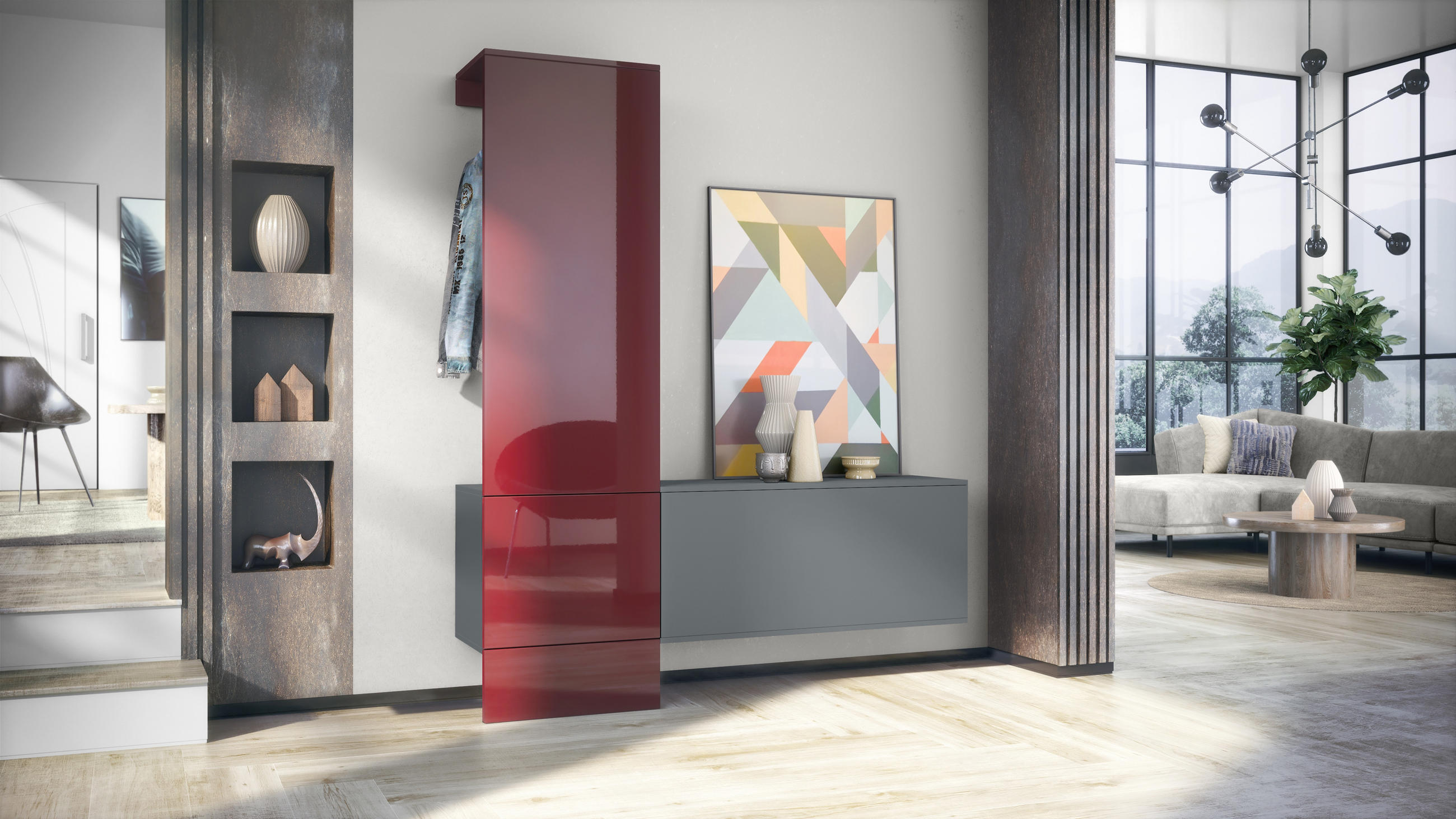 GARDEROBE Carlton Paneel in Bordeaux Hochglanz - Bordeaux, Holzwerkstoff (156.5/193/35cm) - Vladon