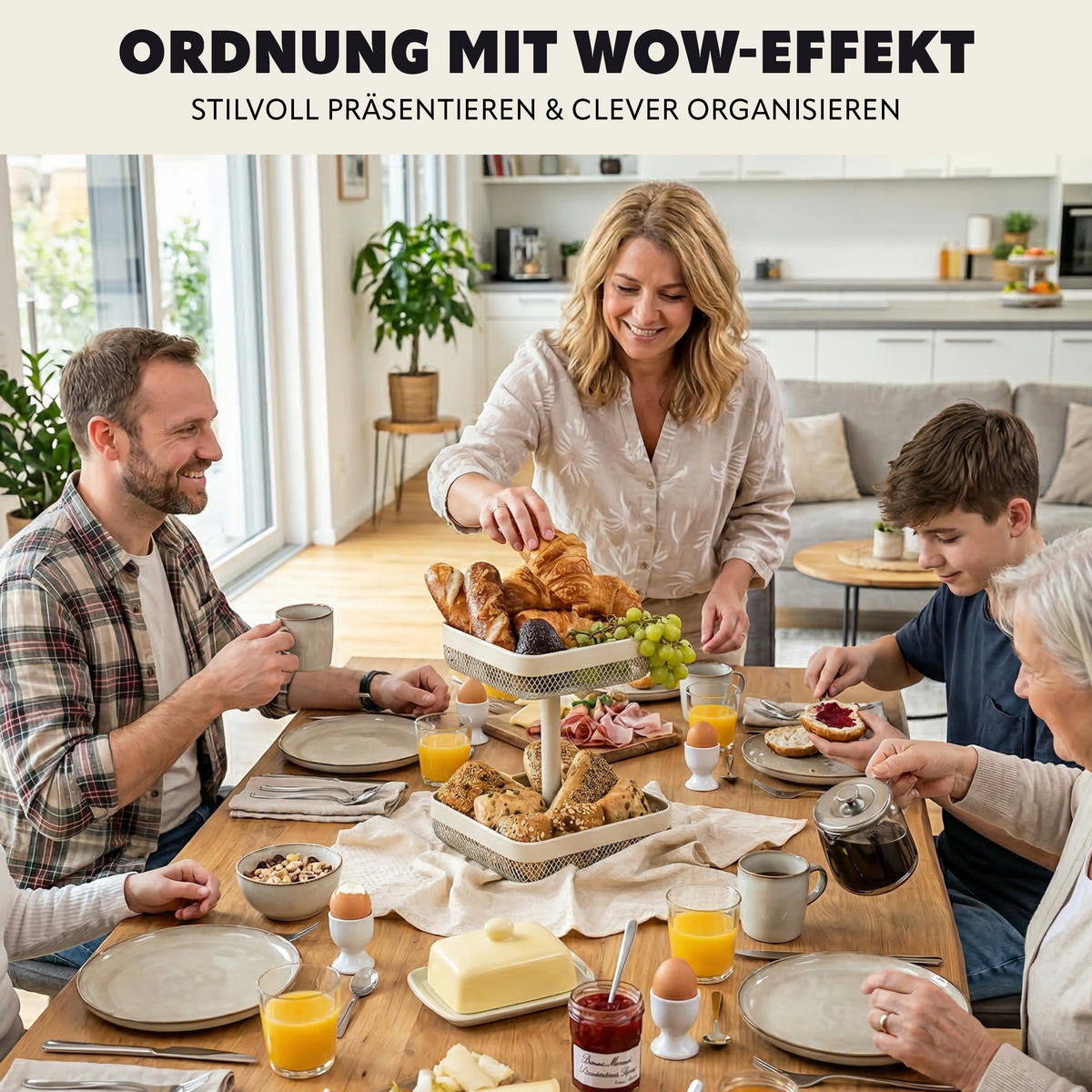 OBSTETAGERE, eckig, 2-stöckig, Ø 20 cm und 25 cm, beige, Metall - Beige, Metall (30cm) - eluno