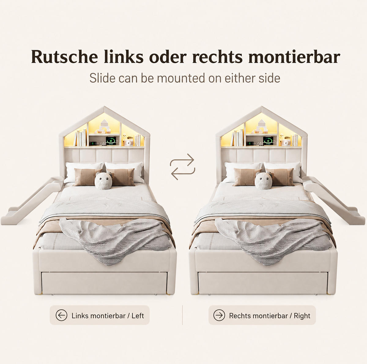 GEPOLSTERTES Kinderbett 90x200 cm in Beige mit Rutsche, LED, Ladeanschluss und Bettkasten - Beige, Textil (90/200cm) - IVMEU