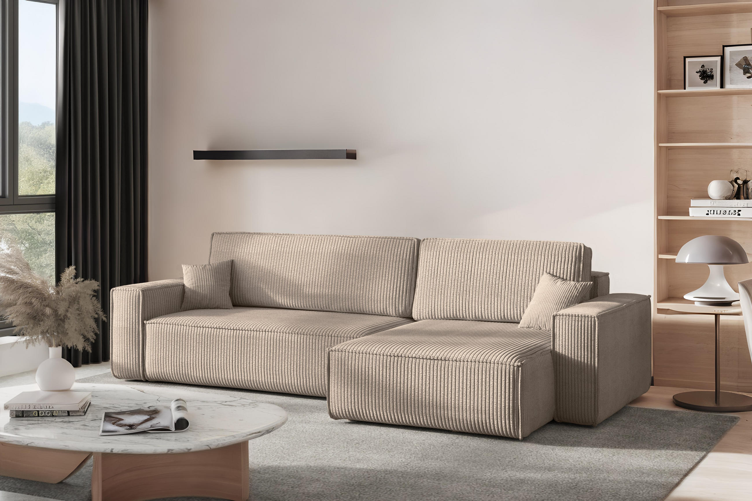 ECKSOFA Mit Schlaffunktion Und Bettkasten, Eckcouch BEST XL Stoff Poso Dicker Cord Dunkelbeige Rechts - Beige/Schwarz, Holz/Kunststoff (274/142cm) - Kaiser Möbel