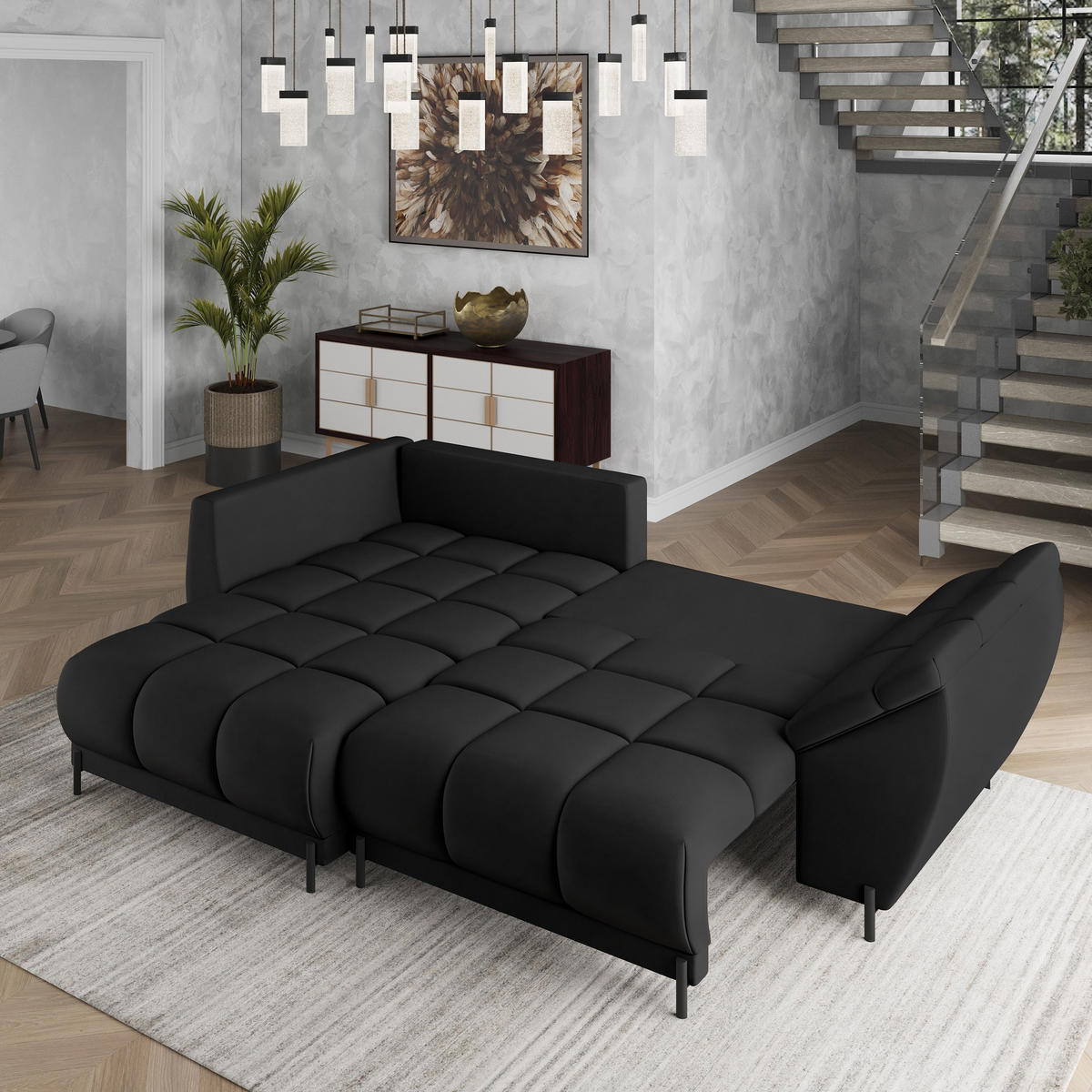ECKSOFA VESTANO L-S Schwarz Velours-Stoff mit Schlaffunktion - Schwarz, Holz (287/182cm) - MASSENO