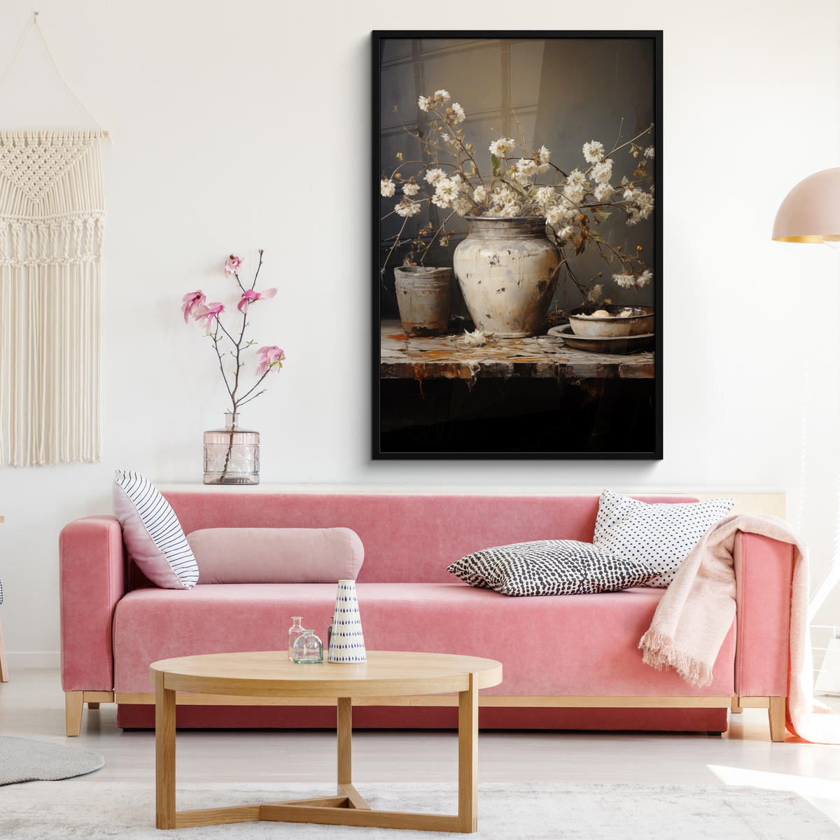 GERAHMTES BILD Stilleben - Blumen - Blumenstrauß - Vase - Wein 80x120 cm - Schwarz, Papier (80/120cm) - MuchoWow