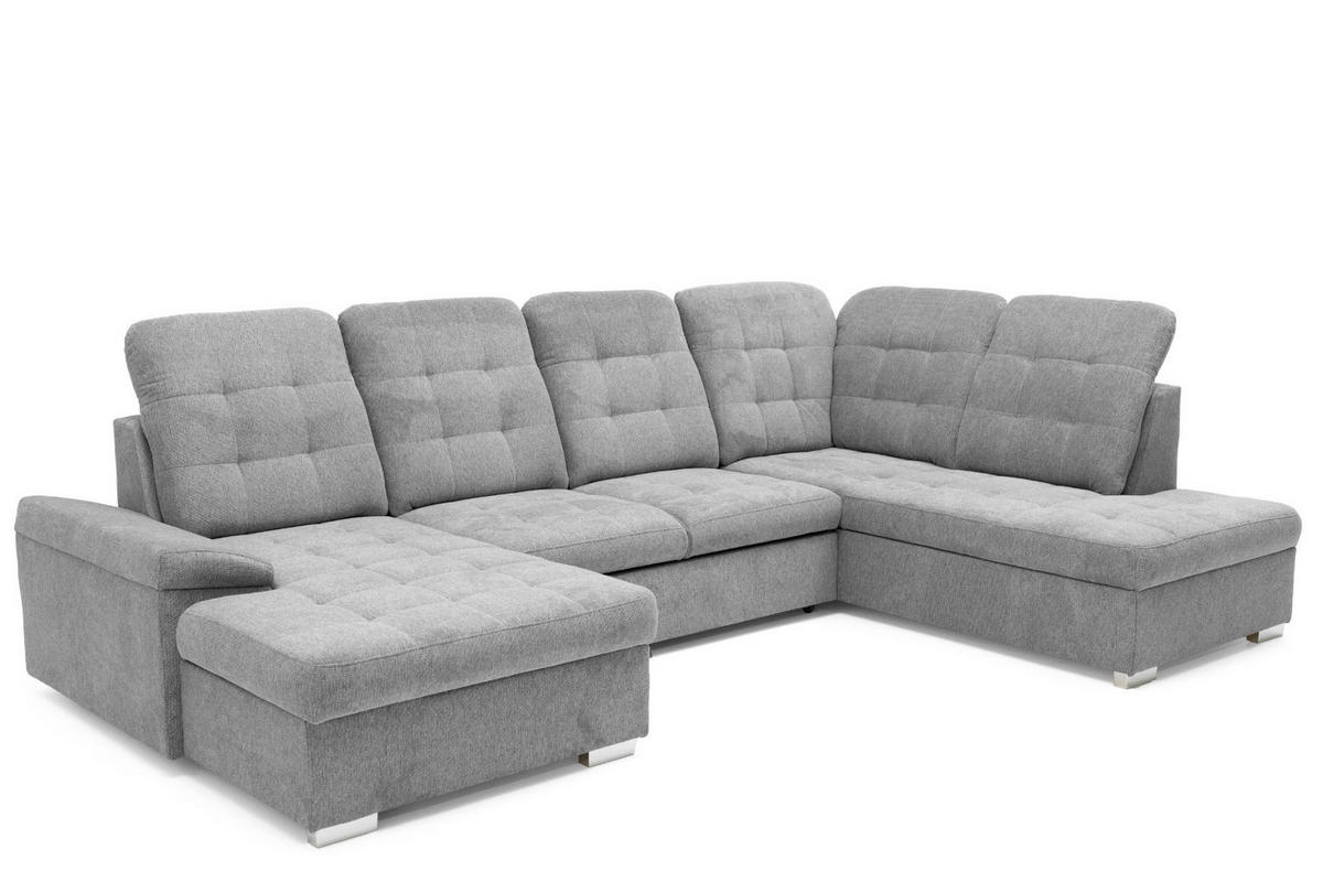 ECKSOFA U-Form OLIVIA U Rechts mit Schlaffunktion 124x257 Velours Hellgrau - Silberfarben/Hellgrau, Holz/Kunststoff (202/103/320cm) - Muffo