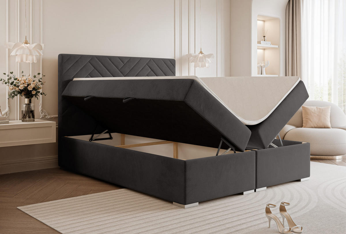BOXBETT NEREA 160/200 cm mit Matratze und Topper, Grau - Grau, Textil (160/200cm) - Idohome